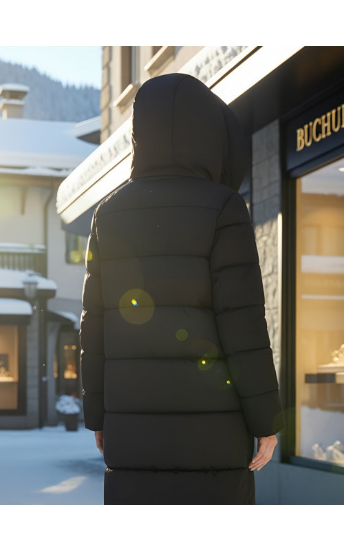 Длинный женский пуховик с капюшоном для зимы